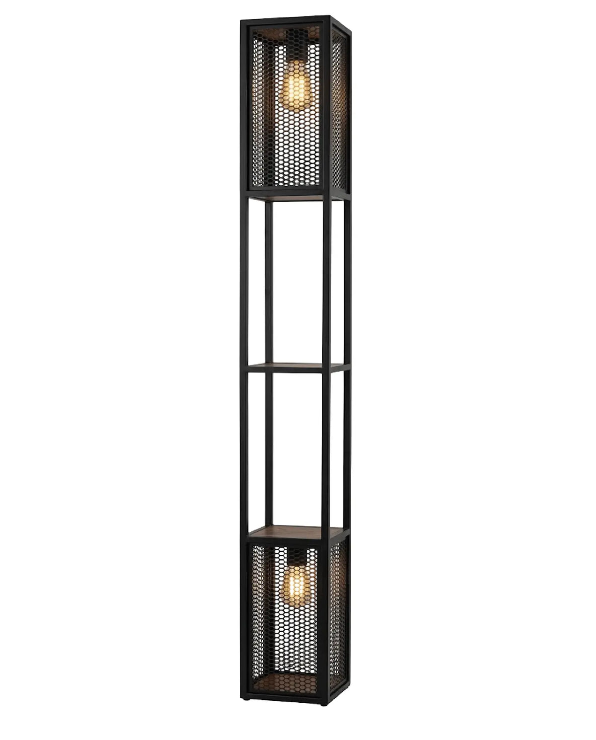 Lámpara de pie ESS de Fabbro, vista frontal: columna de acero negro con dos compartimentos de luz y repisas de madera