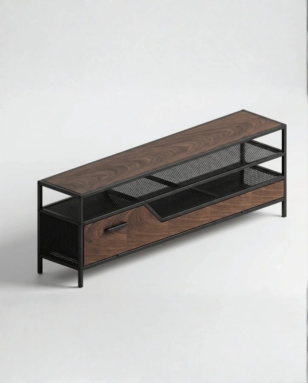 Rack de TV ESS de Fabbro en ángulo, con cubierta de madera y estructura de acero negro