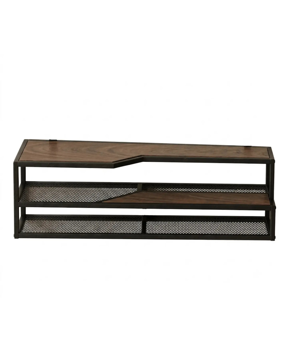 Repisa 100 ESS de Fabbro, vista frontal: cubierta de madera, dos niveles de malla y estructura de acero negro