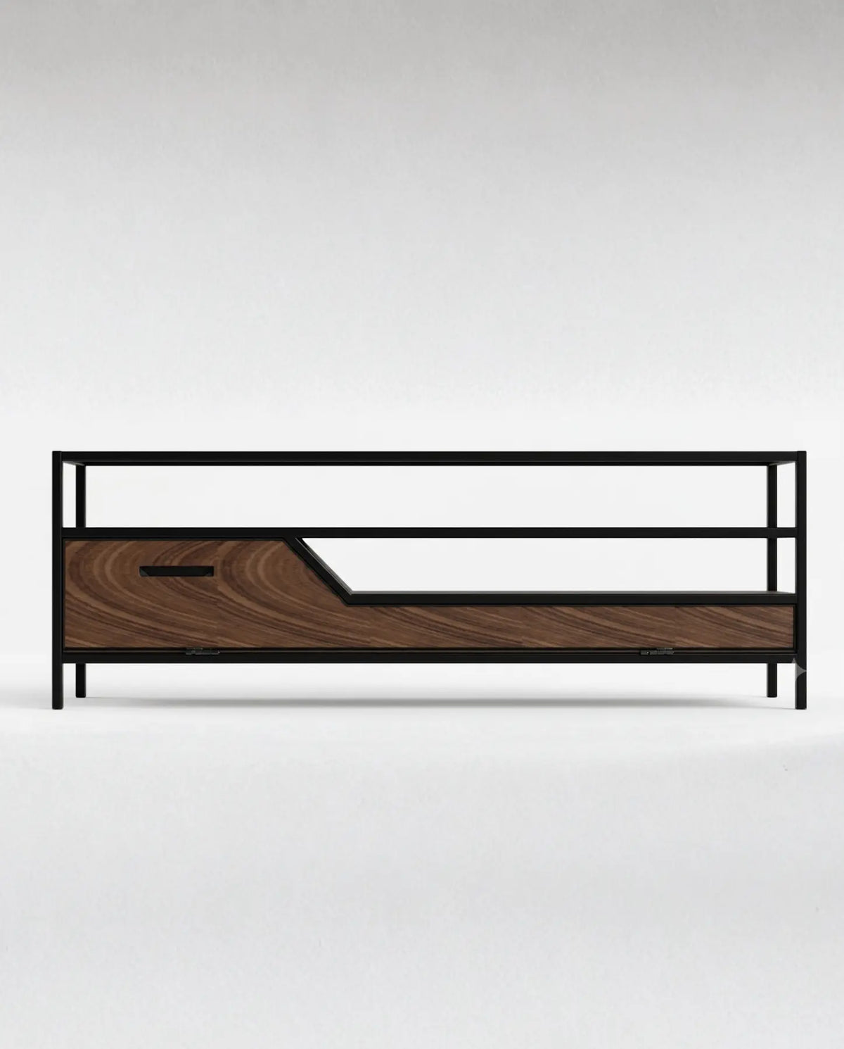 Rack de TV ESS de Fabbro, vista frontal en madera y acero negro con repisa de malla