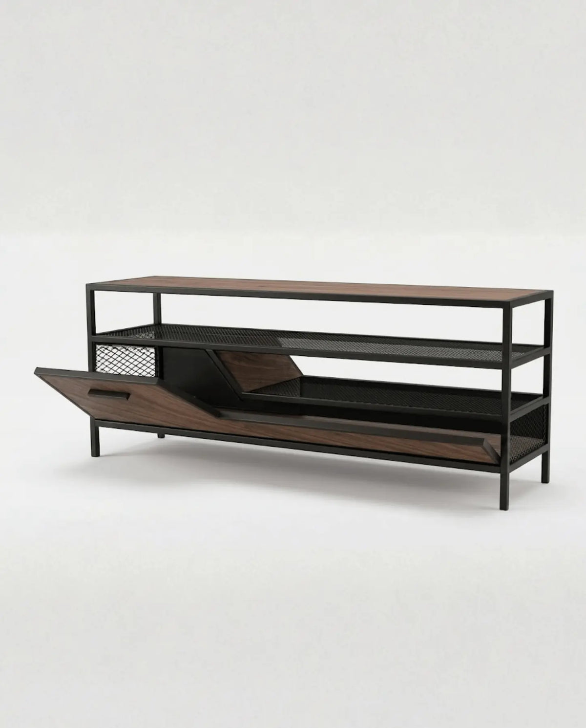 Rack de TV ESS de Fabbro con la tapa abatible de madera abierta para guardar equipos