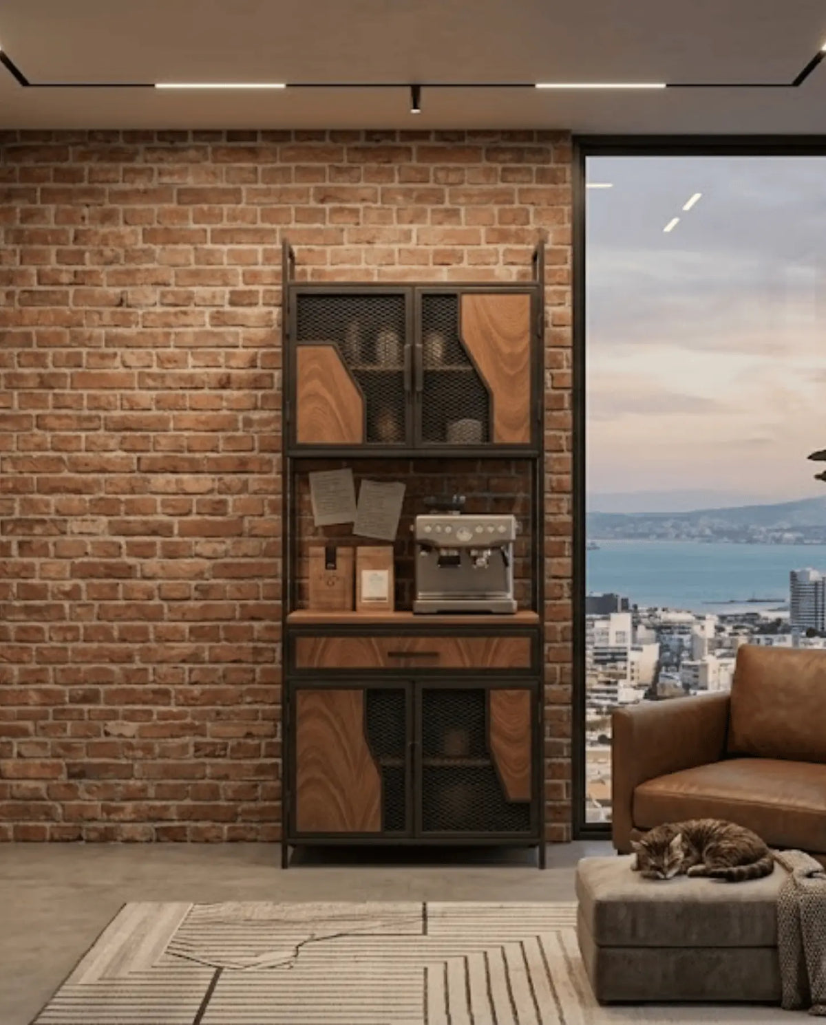 Coffee bar ESS de Fabbro en un departamento con muro de ladrillo y vista a la ciudad