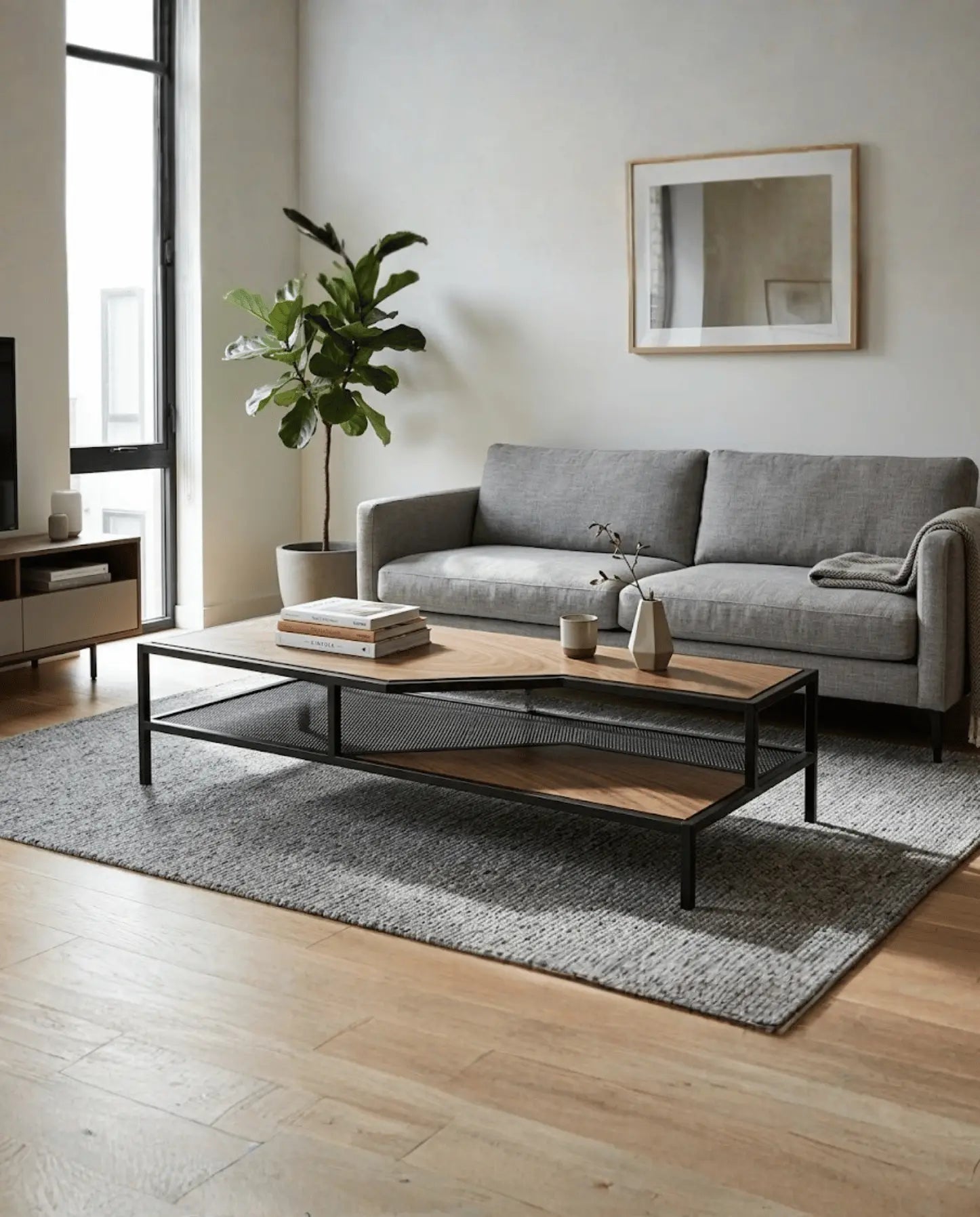 Mesa de centro ESS de Fabbro en madera y acero negro, frente a un sofá gris en un living luminoso