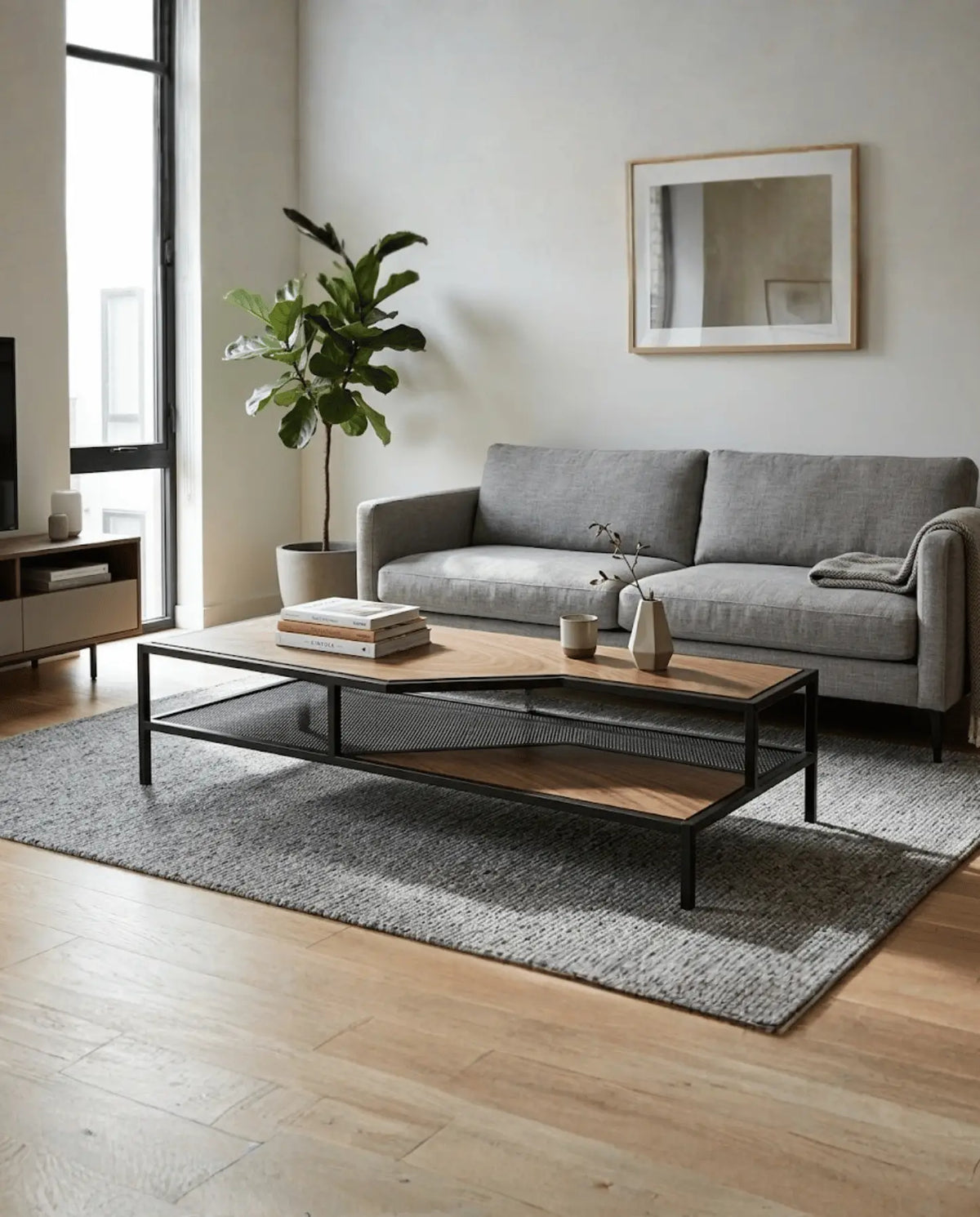 Mesa de centro ESS de Fabbro en madera y acero negro, frente a un sofá gris en un living luminoso