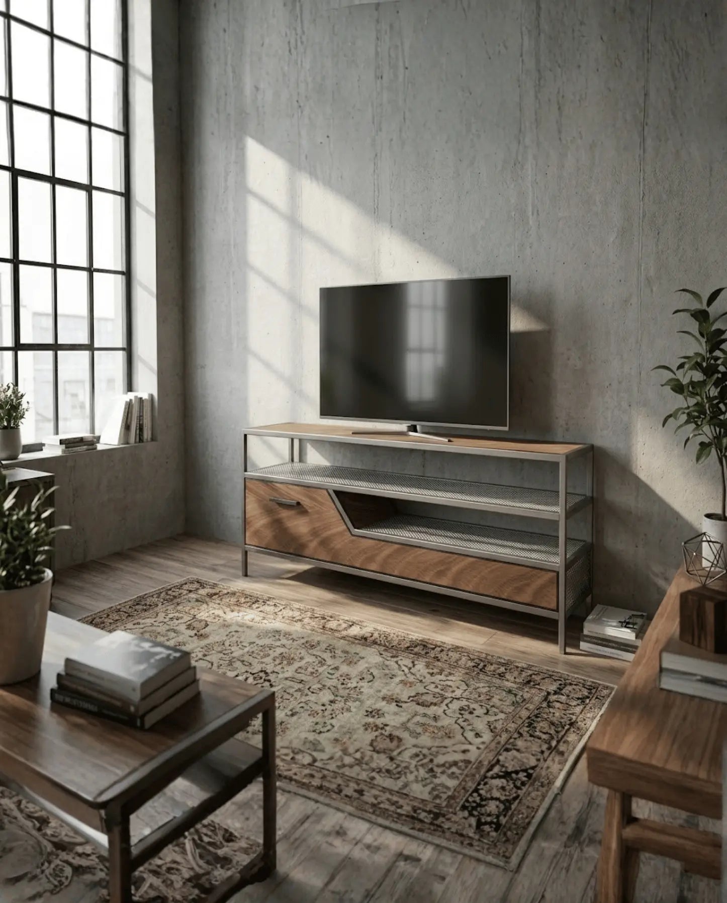 Rack de TV ESS de Fabbro en madera y acero negro con televisor, en un living industrial con ventanal