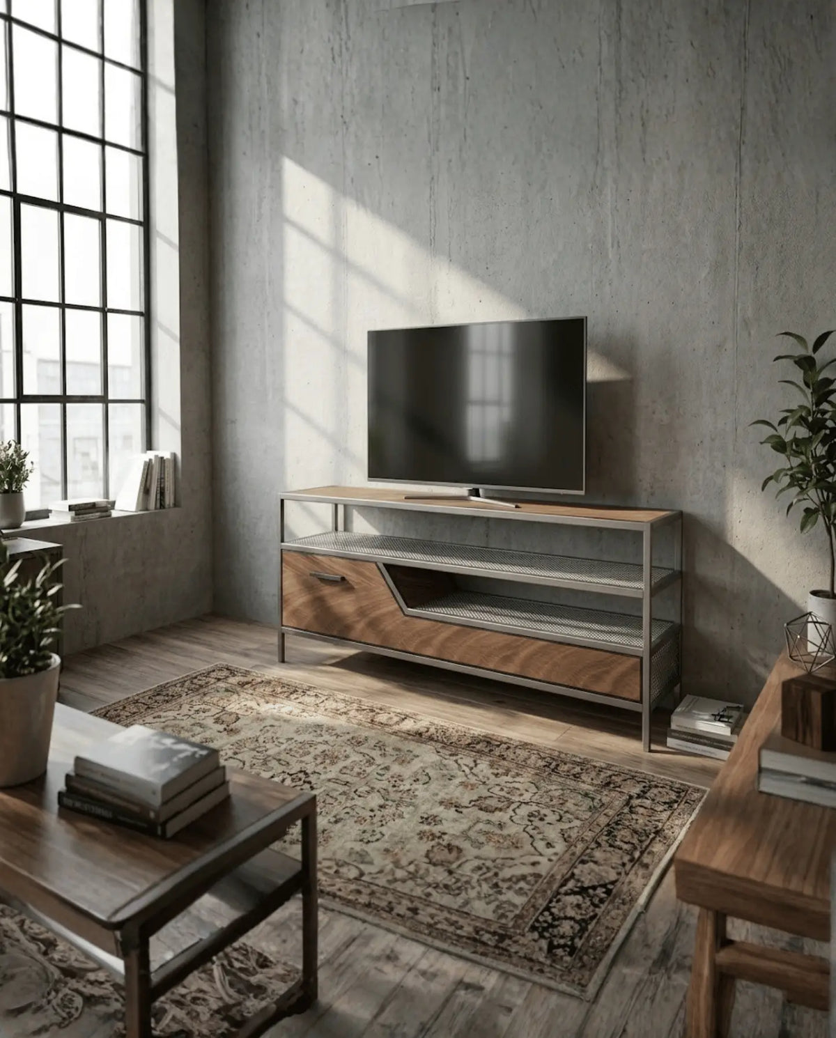 Rack de TV ESS de Fabbro en madera y acero negro con televisor, en un living industrial con ventanal