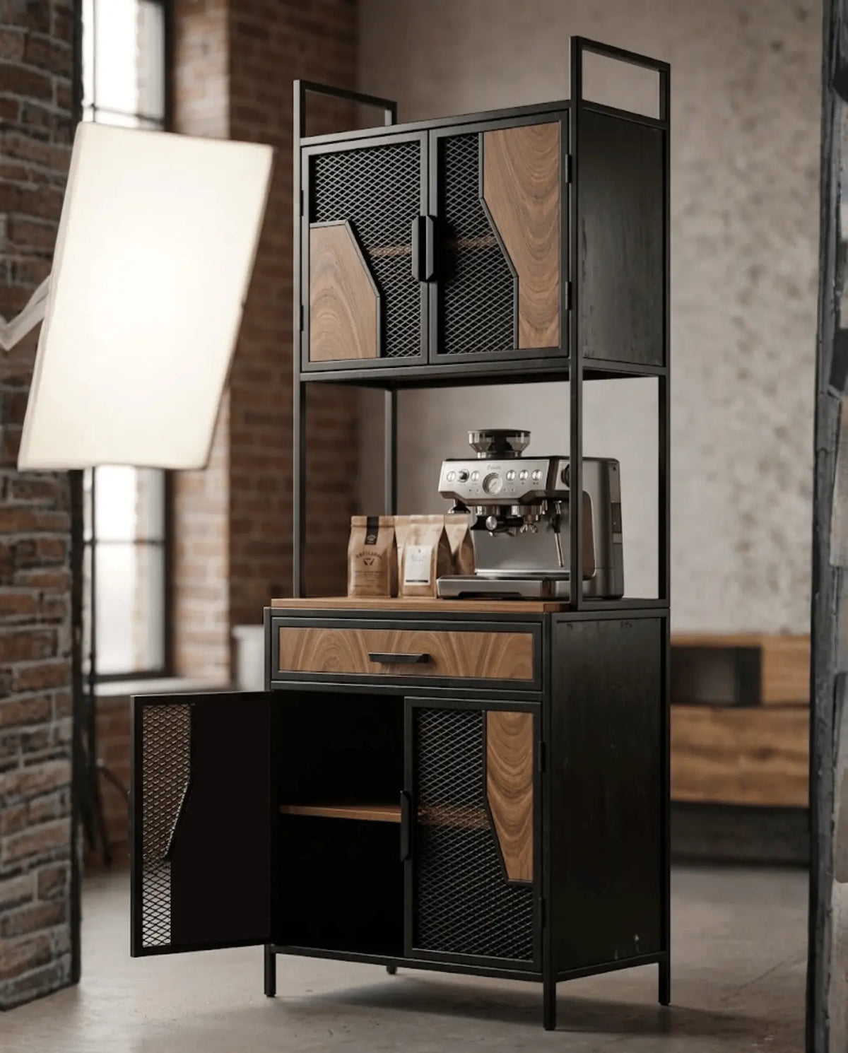 Coffee bar ESS de Fabbro en madera y acero negro con cafetera y puertas inferiores abiertas, en ambiente con muro de ladrillo